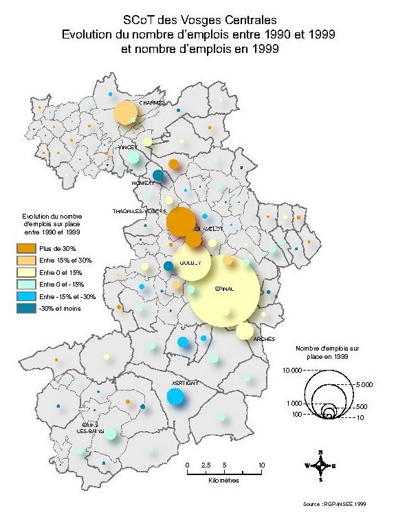 Evolution du nombre d'emplois entre 1990 et 1999